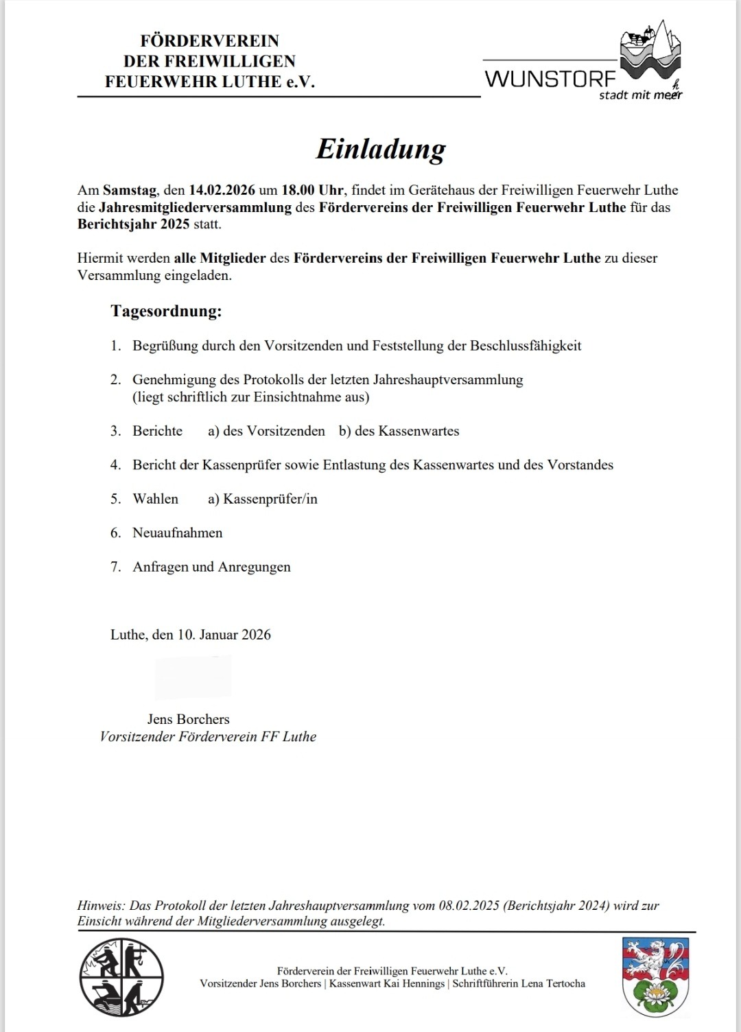Einladung zur Jahreshauptversammlung 